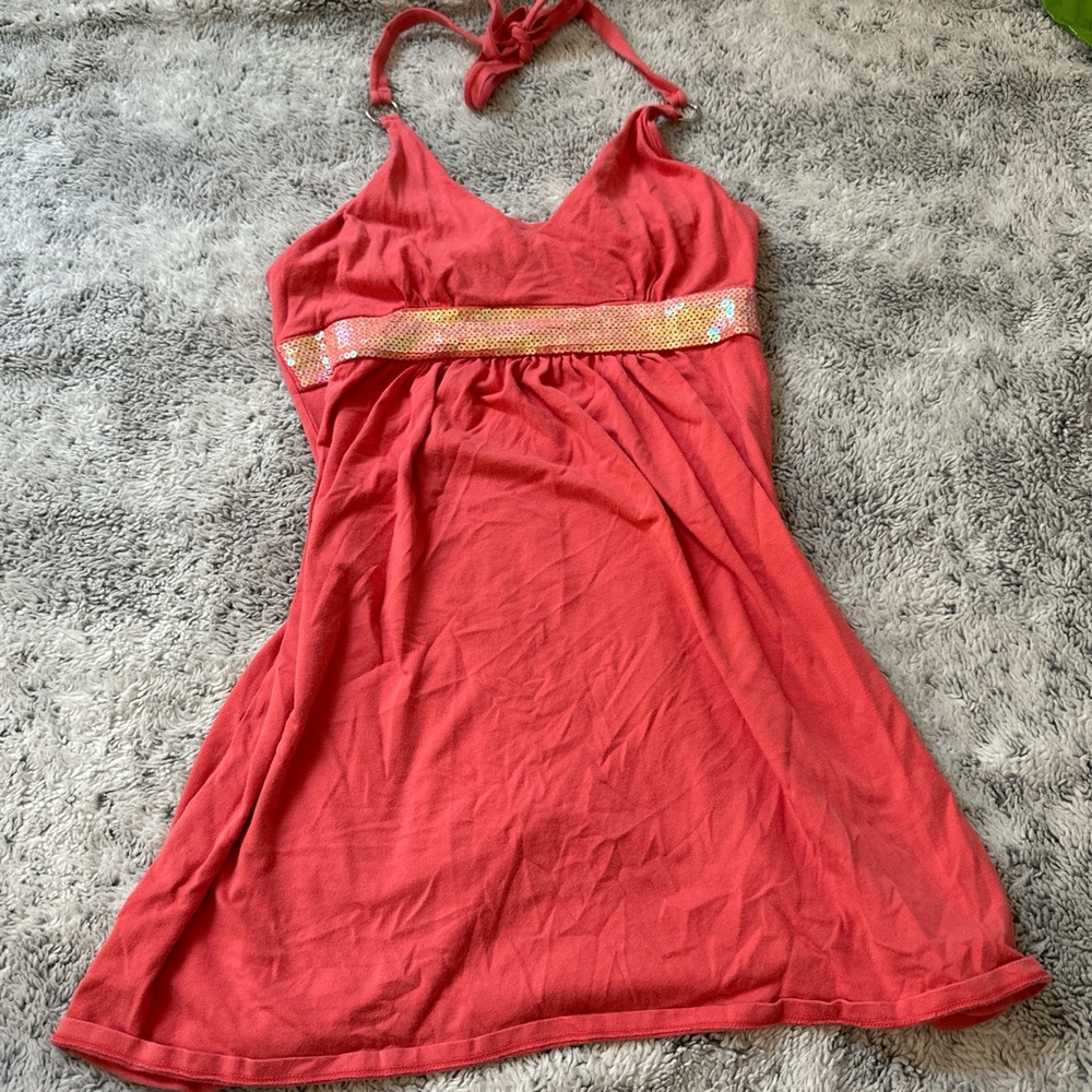 Chic Red Halter Dress with Gold Sequin Band
